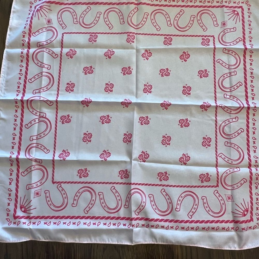 White and Pink Bandana with Horseshoe Design. Cowgirl. Retro. Poly scarf. NWOT